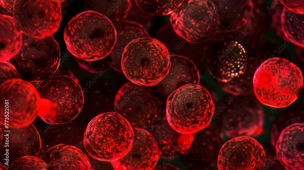 An upclose view of red cells appearing like round crimson jewels against a dark background. - obrazy, fototapety, plakaty 