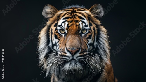 Close-up portrait of a tiger on a black background in studio. © HA
