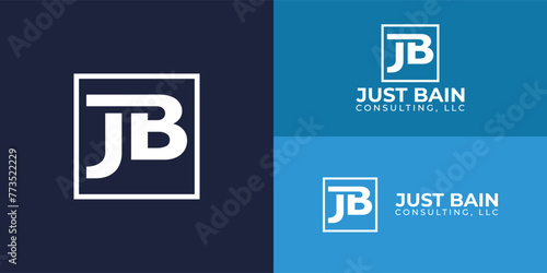 abstract initial square letter JB or BJ logo in white color isolated on multiple blue background colors. The logo is suitable for business and consulting company icon logo design inspiration template