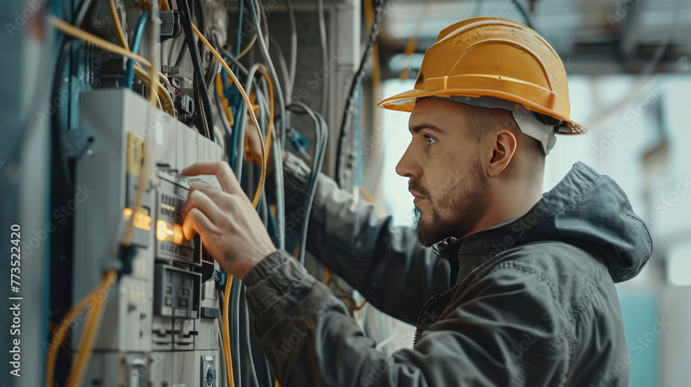 Close-Up of Electrician Repairing Wiring in Switchboard Close-Up of Electrician Repairing Wiring in Switchboard