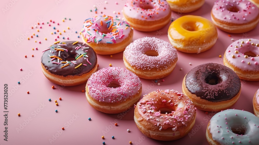 The concept is based on colourful glazed doughnuts with sprinkles isolated on a pink background. View, mock up, copy space. Flat lay, top view of the donuts.