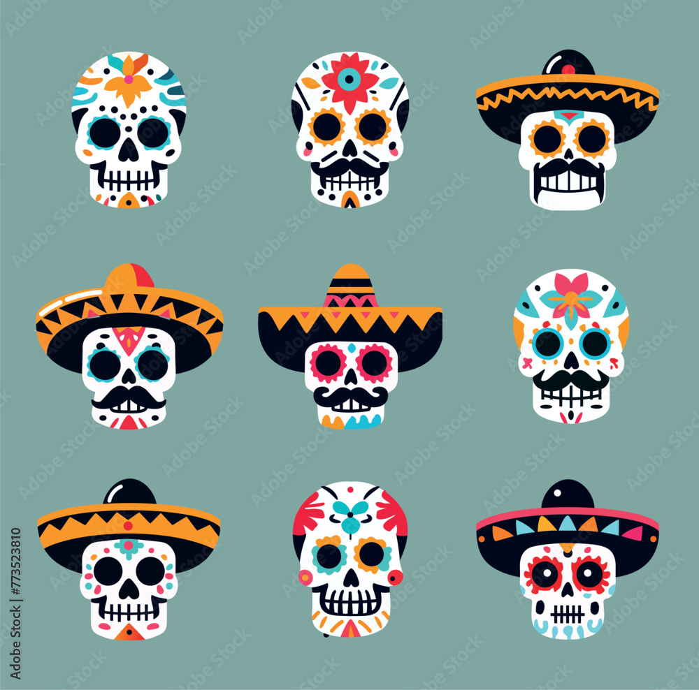 colorful skulls with hat icons pack mexican theme to celebrate