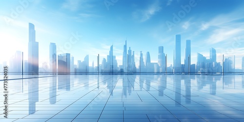 empty floor with modern cityscape and blue sky background, 3d render