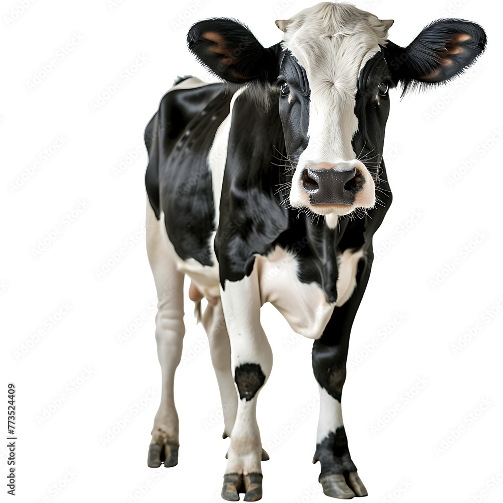 black and white cow isolated on transparent background
