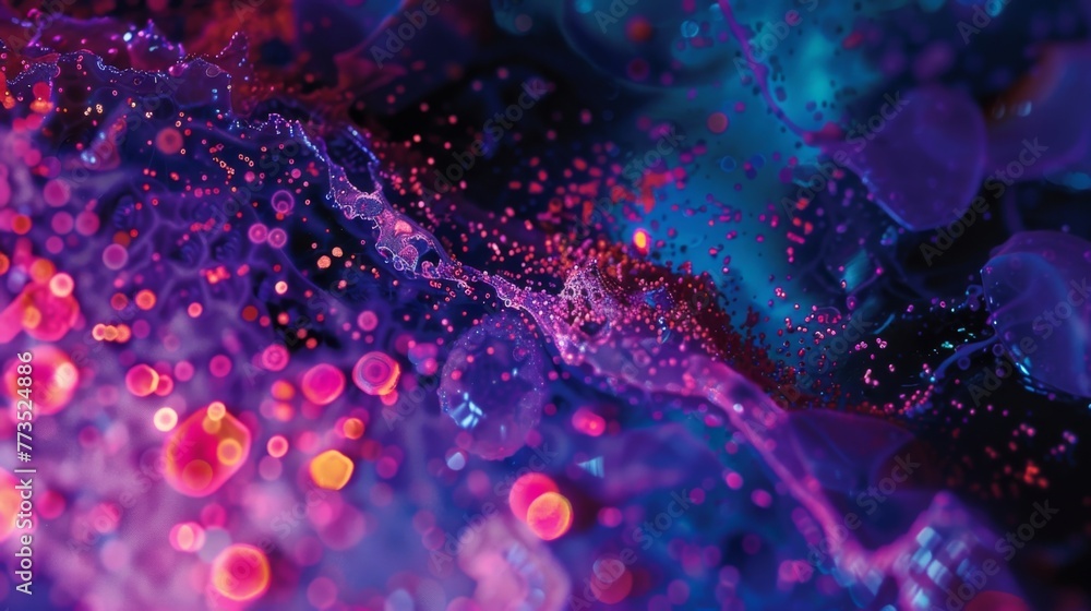 A magnified image of a tissue sample treated with fluorescent antibodies revealing the presence and location of specific molecules A magnified image of a tissue sample treated with fluorescent antibodies revealing the presence and location of specific molecules