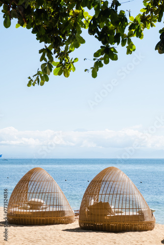 Fototapeta Naklejka Na Ścianę i Meble -  Stylish beach loungers for relaxing near the coastline, on the hotel grounds among the greenery.