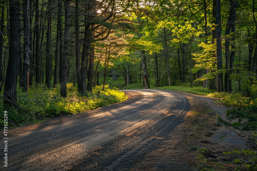 A rural road through a forest.