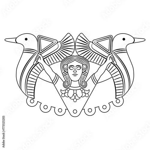 Ancient Near Eastern goddess Astarte with two doves and sistrums. Black and white linear silhouette.
