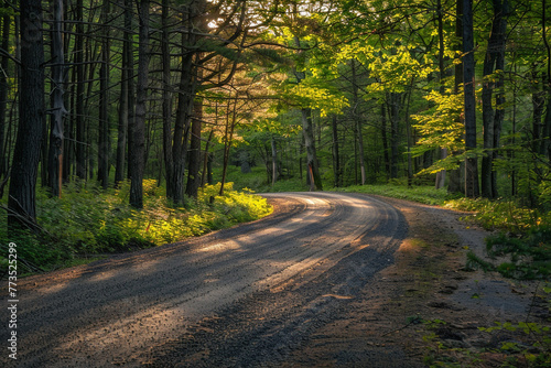 A rural road through a forest.