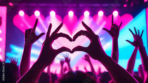 K-Pop Devotion: Fans Shower Love with Heart Gestures at Concert. generative AI