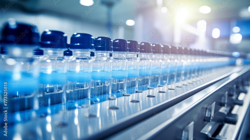 Pharmaceutical bottles are neatly lined up on a conveyor belt at a pharmaceutical production facility