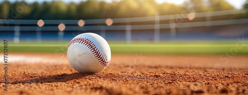 A baseball resting on the pitcher's mound in an empty stadium. Panorama with copy space.