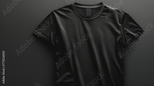 Black tee t shirt round neck cutout file showing the front, back, and side views. Mockup template for artwork graphic design. 3D rendering.