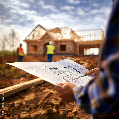 A construction worker reviewing blueprints at a home site  © PixelHD