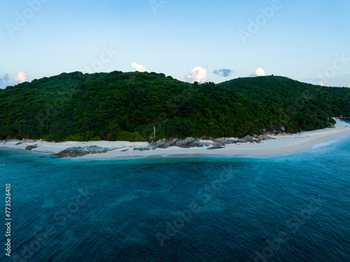 Aerial photography of Jiajing Island, Shimei Bay, Wanning, Hainan, China, in summer evening photo