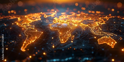 Glowing interconnected nodes on a digital world map symbolizing global networks. Concept Globalization, Digital Connectivity, Network Nodes, World Map, Interconnected Systems