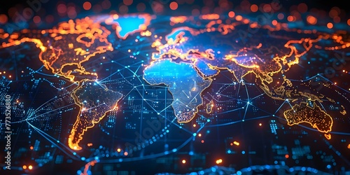 Digital world map with glowing interconnected nodes representing global networks. Concept Global Networks, Digital Connectivity, Glowing Nodes, World Map, Technology