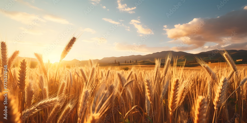 Wheat field and beautiful sunset. Nature composition. 3d render