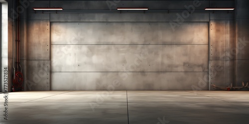 3D rendering of an empty warehouse with a metal wall and floor