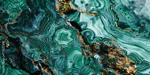 Abstract green malachite marble surface, stylized ornamental stone photo texture. Creative malachite mineral background. Agate stone wallpaper print design with marble and gold raw natural mineral