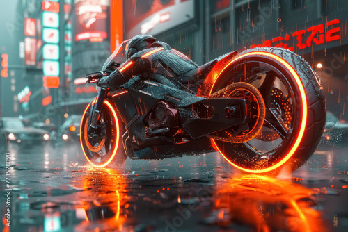 futuristic motorcycle with glowing wheels in a rainy urban environment photo