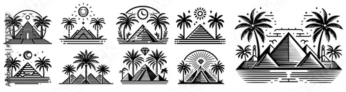 travel and dream vacation, palm trees, tropics, pyramids and sun, black vector, silhouette svg illustration laser cutting engraving transparent monochrome shape