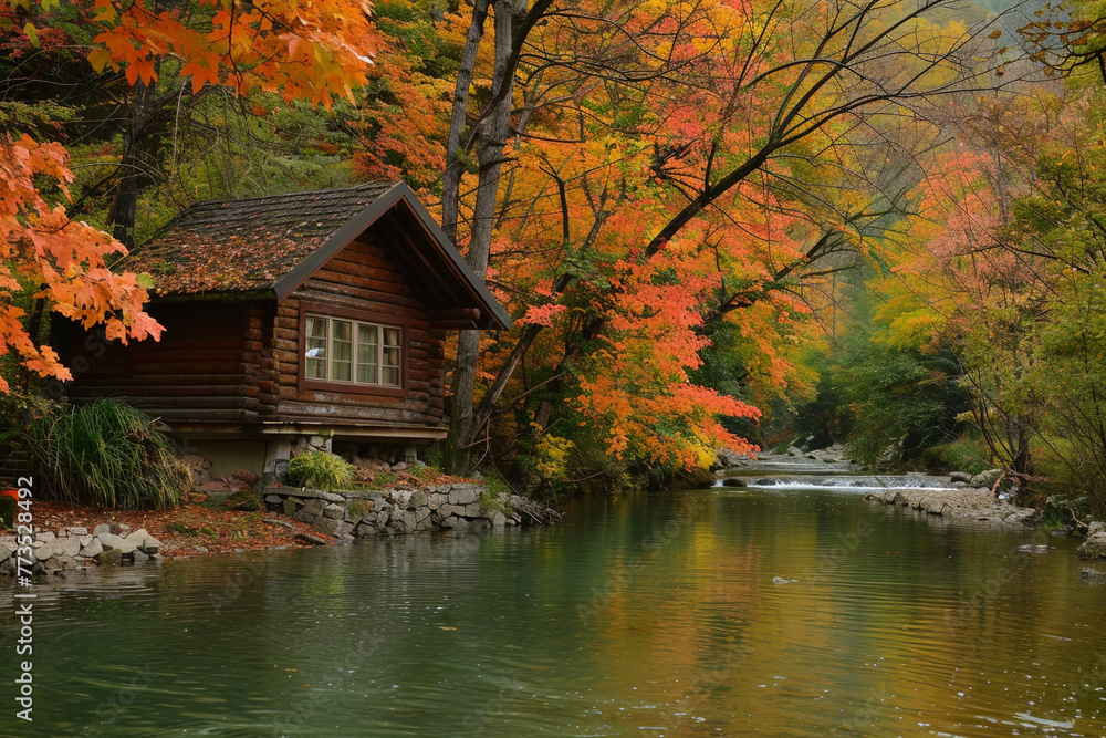 A serene autumn scene with a rustic cabin nestled among colorful trees beside a tranquil river. A serene autumn scene with a rustic cabin nestled among colorful trees beside a tranquil river.