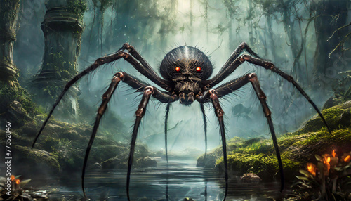 Ominous creepy giant spider scene in the dark woods.