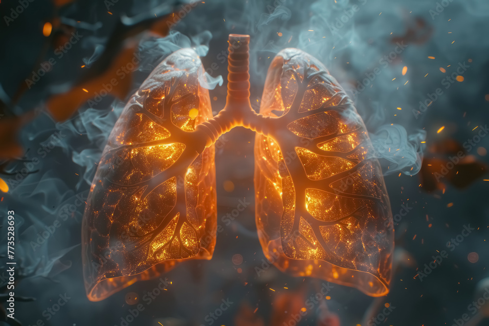 illuminated human lungs with glowing particles in a smoky dark ...