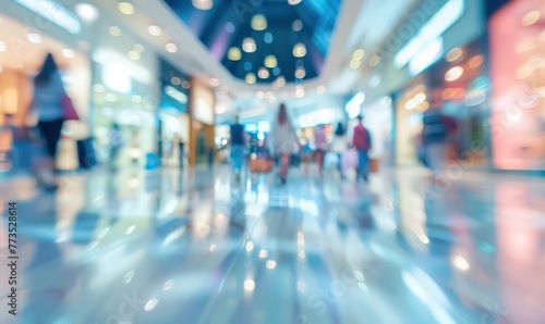 Blurred background of a modern shopping mall with some shoppers photo
