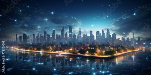 Smart city and wireless communication network over the lake with cityscape background