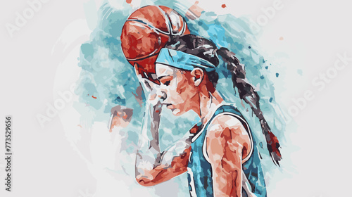 Sporty Girls playing basket ball Vector Watercolor Cartoon Illustration