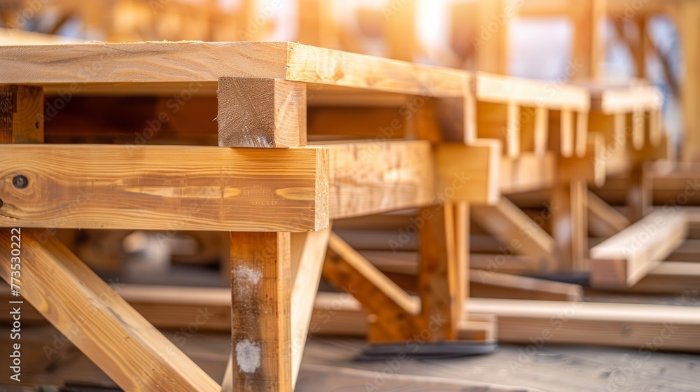 assembly of the wooden frames beams and trusses.