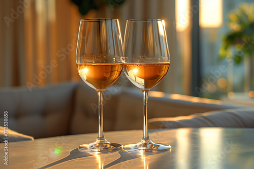 Exquisite wine glasses arranged elegantly on a table  inviting a moment of indulgence and relaxation. Inviting wine set amidst beautiful lighting  perfect for romantic dinner or celebratory gathering
