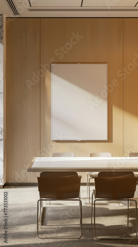 A minimalist meeting area with a sophisticated ambiance  featuring a blank white frame on the wall for versatile customization or company values.