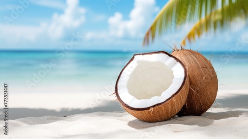 Halves of a cracked brown coconut on white sandy beach with palm tree background 