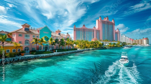 A vibrant scene in Nassau, Bahamas, captures a speedboat, the ocean, colorful residences, and a hotel under the summer sun photo