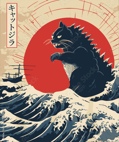 Catzilla Vintage Funny Cute Cat Art Japanese Sunset