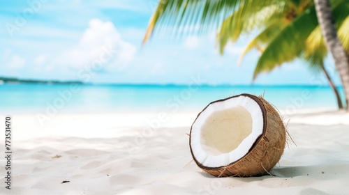 Halves of a cracked brown coconut  on white sandy beach with palm tree background 