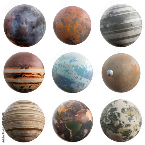 Set of realistic planets on white background, portraying a variety of celestial bodies in our universe. photo