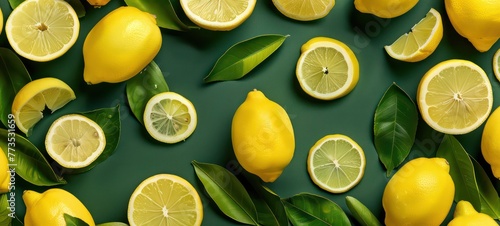 Creative food summer citrus fruits banner panorama wallpaper, seamless pattern texture - Top view of many fresh lemons. Flat lay, top view, copy space