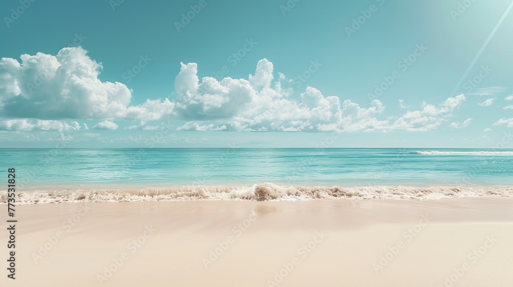 An empty tropical beach background features a horizon line where sky meets white sand. Caribbean. Bahamas