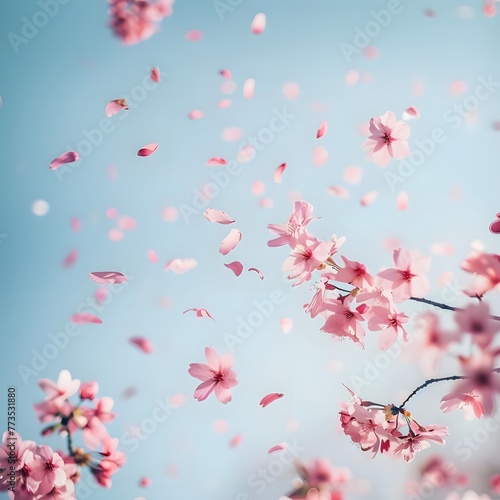 An illustration of cherry blossoms falling against a clear blue sky, evoking the peaceful atmosphere of spring in Japan.