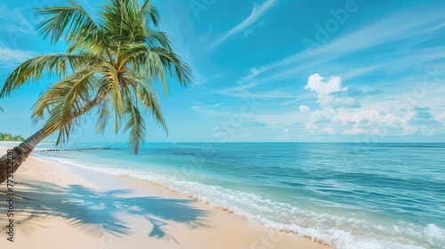 An idyllic tropical beach is captured in a panorama banner photo, complete with a palm tree