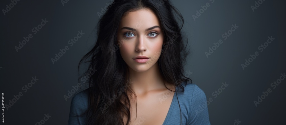 Close up of a woman showcasing her long flowing hair and captivating blue eyes Close up of a woman showcasing her long flowing hair and captivating blue eyes