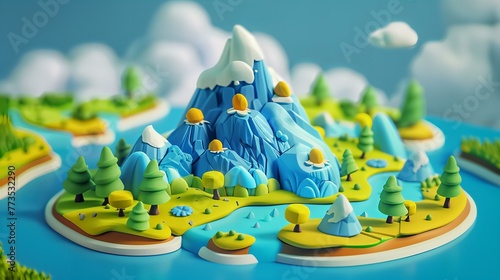  Isolated 3D model of a flying land with mountain and river  reminiscent of 2D game art. Cartoonish character design in a dreamy and cute style.