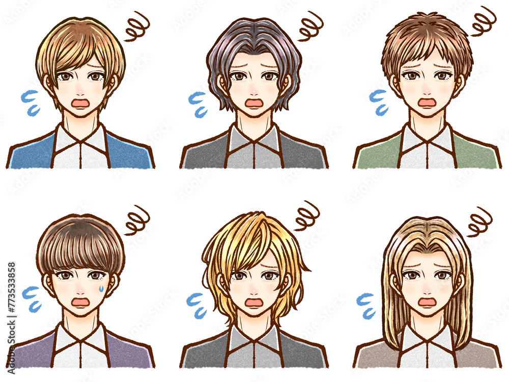 困る様々な髪型の大人男性のイラスト素材セット 困る様々な髪型の大人男性のイラスト素材セット