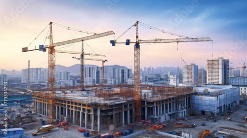 Large construction site with busy tower cranes at high-rise building