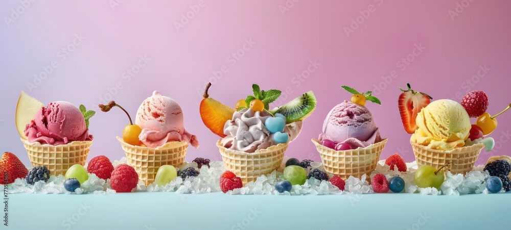 Ice cream in pastel colours served in wafers with a variety of fruits and toppings Ice cream in pastel colours served in wafers with a variety of fruits and toppings