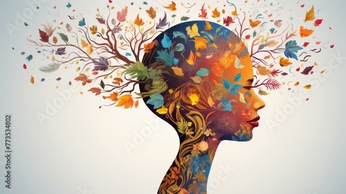 A human head silhouette filled with a vibrant brain and flourishing botanical motifs